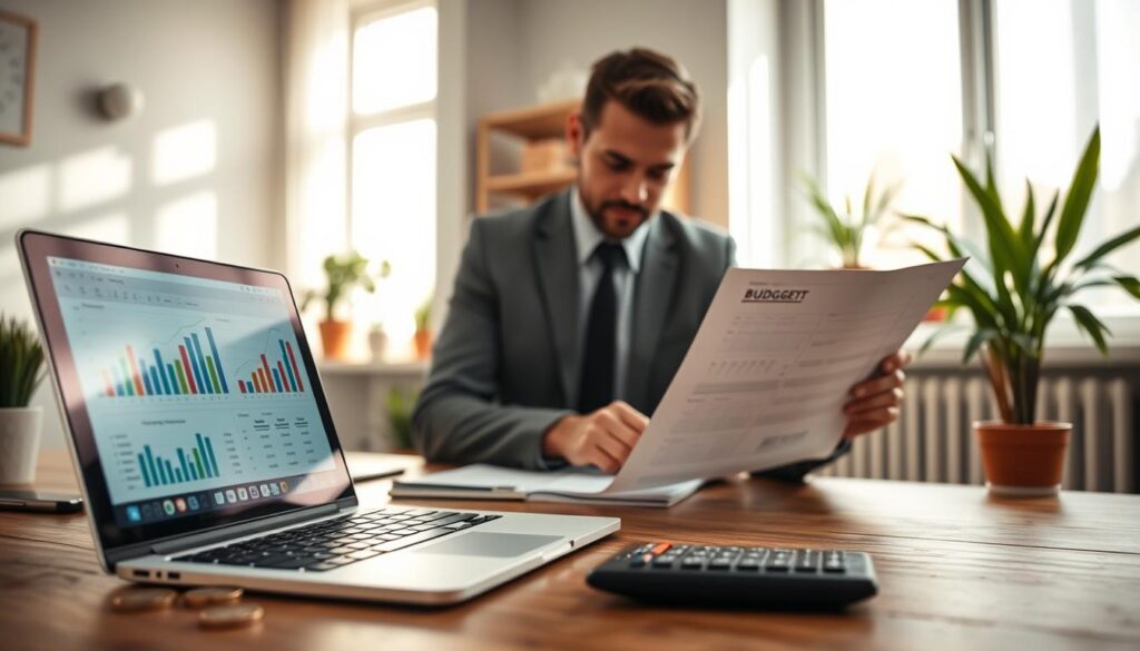 A clean, modern workspace featuring a wooden desk with neatly organized budgeting tools. In the foreground, a detailed laptop screen displaying colorful charts and spreadsheets, symbolizing budget planning. A few coins and a calculator are also present, highlighting financial calculations. In the middle ground, a professional person in smart casual attire, attentively reviewing a printed budget sheet with a look of focus and determination. The background showcases a bright, organized room with plants and natural light streaming through a window, creating an uplifting and motivational atmosphere. Soft, diffused lighting enhances the scene, making it feel welcoming and conducive to learning about financial success. The composition is framed at eye level, providing an intimate perspective on the budgeting process.