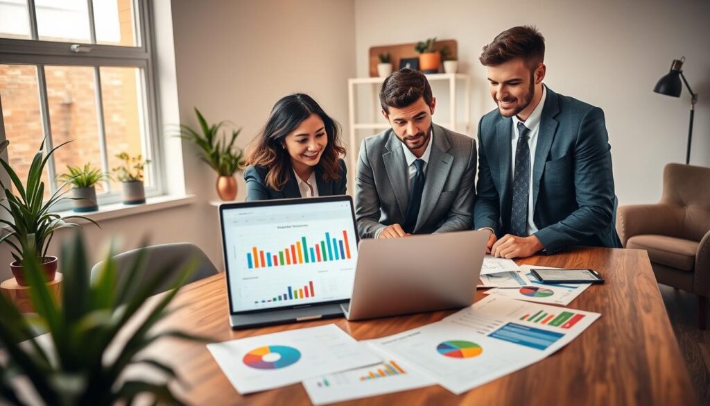 A visually engaging scene depicting budgeting strategies for beginners. In the foreground, a diverse group of three professionals—two women and one man—wearing smart business attire, attentively reviewing colorful charts and graphs spread across a modern wooden table. The middle ground features a laptop open, displaying a budgeting software interface with vibrant pie charts and bar graphs. In the background, a cozy office space with a large window letting in warm natural light, plants on the windowsill, and a comfortable armchair adds to the atmosphere. The lighting should be soft and inviting, creating a mood of collaboration and focus. Use a slightly elevated angle to capture the details on the table and the engaged expressions of the individuals.