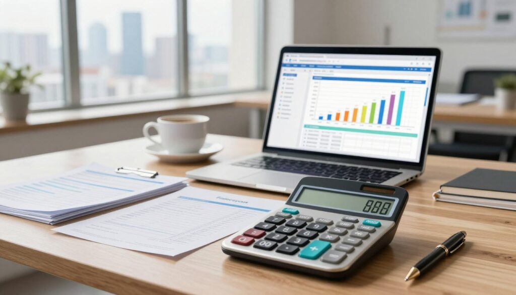 A detailed and modern budget calculator set on a wooden desk, symbolizing financial planning's importance in today's economy. In the foreground, a sleek calculator with an illuminated display, surrounded by neatly stacked financial documents and a stylish pen. In the middle, a laptop screen showing a dynamic budgeting spreadsheet, graphically illustrating income and expenses. A coffee cup sits nearby, adding a touch of warmth. In the background, a bright office space with an inspiring view of a city skyline through large windows that offer soft, natural lighting. The atmosphere is professional yet inviting, conveying the importance of budget planning in a modern financial landscape. Include the brand name "financeyous" subtly integrated into the design of the calculator. A detailed and modern budget calculator set on a wooden desk, symbolizing financial planning's importance in today's economy. In the foreground, a sleek calculator with an illuminated display, surrounded by neatly stacked financial documents and a stylish pen. In the middle, a laptop screen showing a dynamic budgeting spreadsheet, graphically illustrating income and expenses. A coffee cup sits nearby, adding a touch of warmth. In the background, a bright office space with an inspiring view of a city skyline through large windows that offer soft, natural lighting. The atmosphere is professional yet inviting, conveying the importance of budget planning in a modern financial landscape. Include the brand name "financeyous" subtly integrated into the design of the calculator.