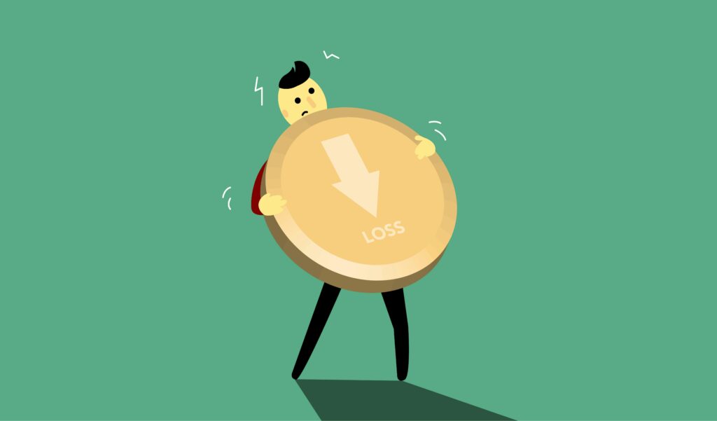 Illustration of a cartoon character struggling with a large coin symbolizing financial loss.