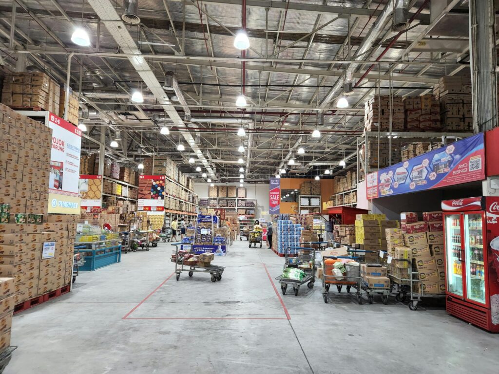 Explore a bustling warehouse filled with stacked goods and shopping carts, illuminated under bright lighting.